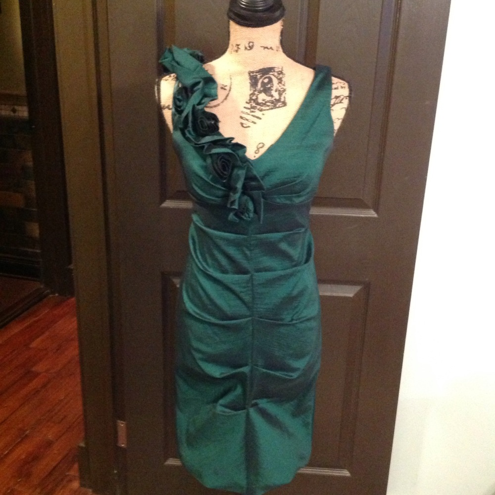 Dark Green Rosette/Ruffle Cocktail Dress